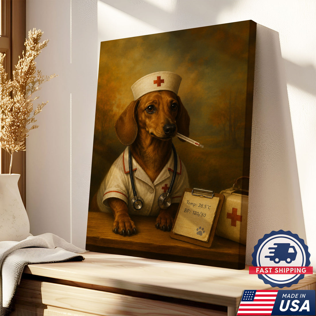 Vintage Nurse Dachshund Portrait Canvas Wall Art, Heartfelt Medical Dog Artwork