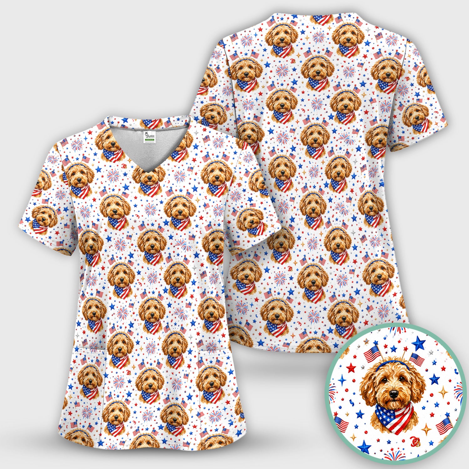 Patriotic Goldendoodle Nurse Pattern Scrub Set, Scrub Pants and V Neck Top