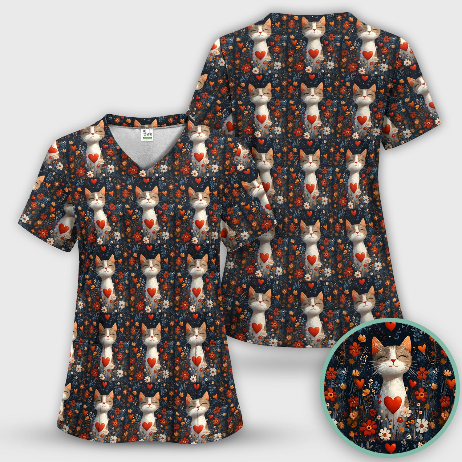 Cat Heart Floral Garden Pattern Scrub Top, Breathable Fabrics Nursing Uniform