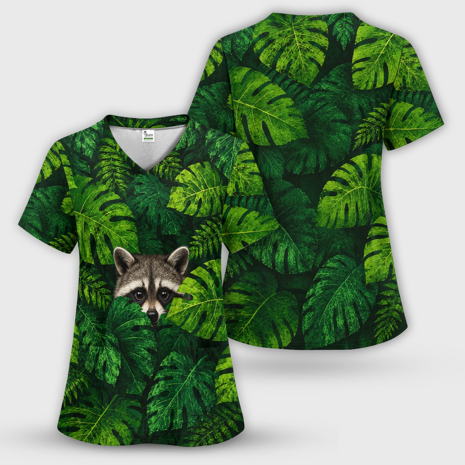 Cute Raccoon Tropical Leaf Pattern Scrub Top, Comfortable Scrubs for Nurses