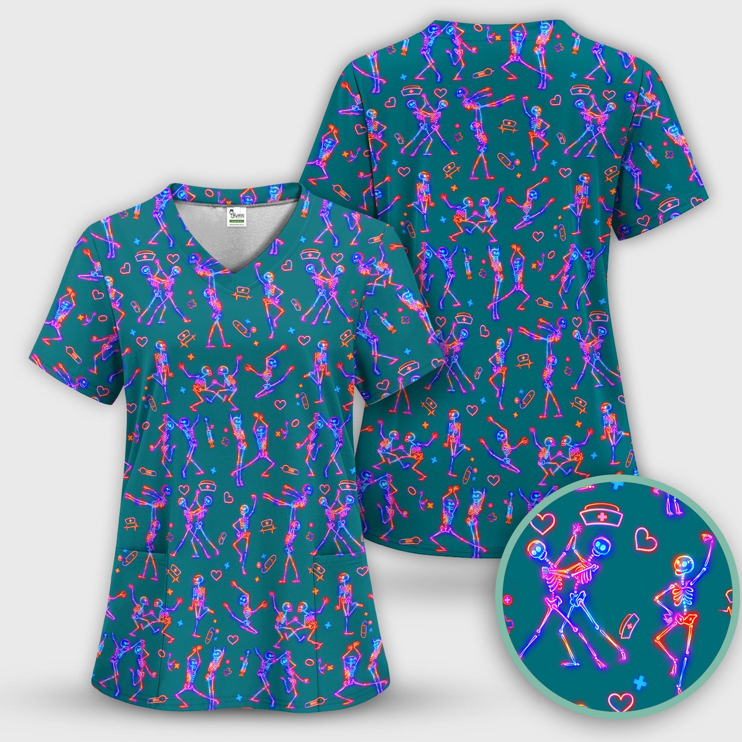 Neon Dancing Skeleton Medical Pattern Scrub Top, Comfortable Scrubs for Nurses