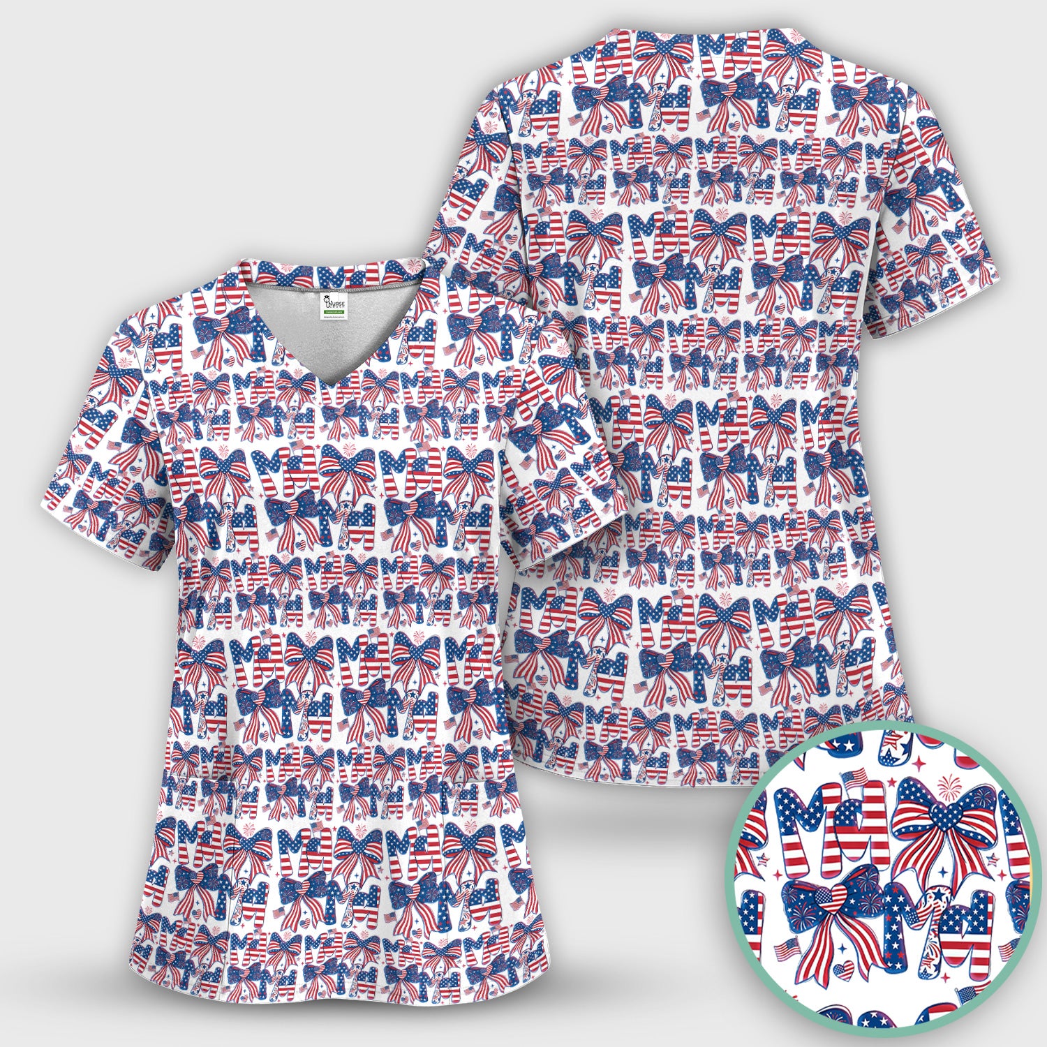 American Flag MaMa Bow Pattern Scrub Top, Comfortable Scrubs for Nurses
