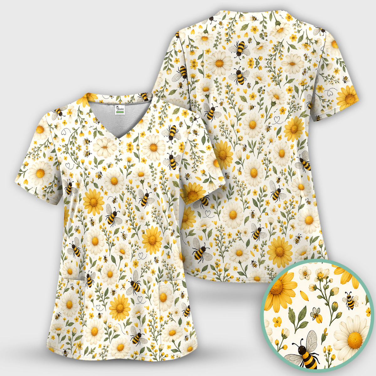 Cute Honey Bee And Daisy Pattern Scrub Set, Scrub Pants and V Neck Top