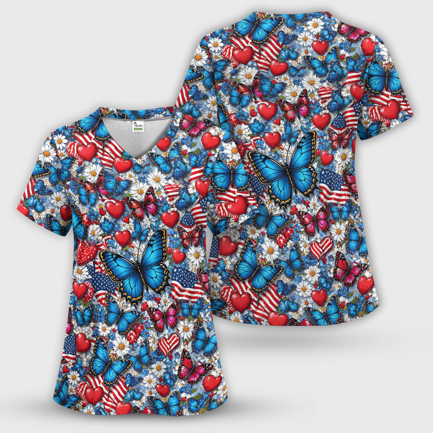 Festive Patriotic Butterfly Heart Floral Pattern Scrub Set, Scrub Pants and V Neck Top