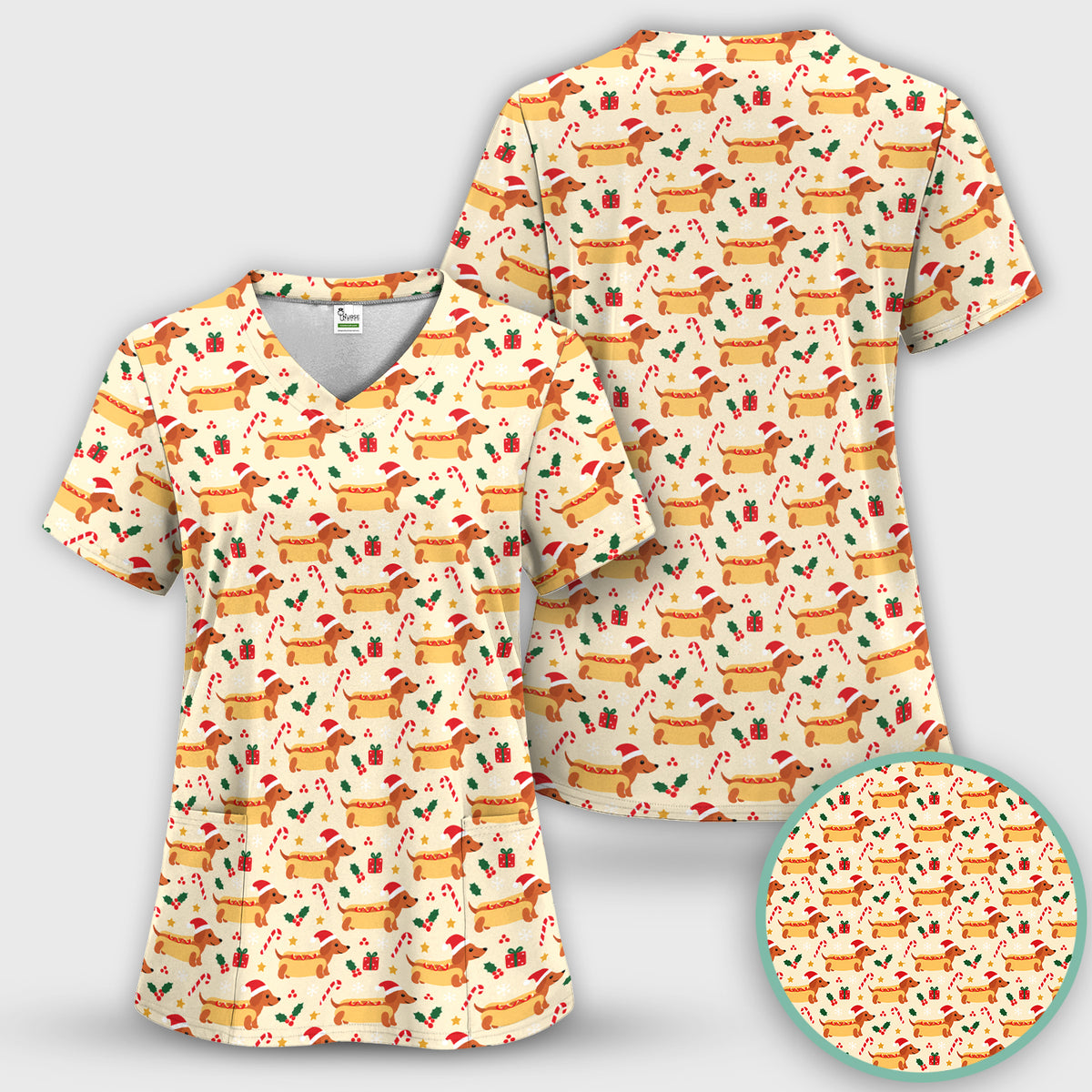 Funny Christmas Dachshund Hot Dog Scrub Top, Comfortable Scrubs for Nurses