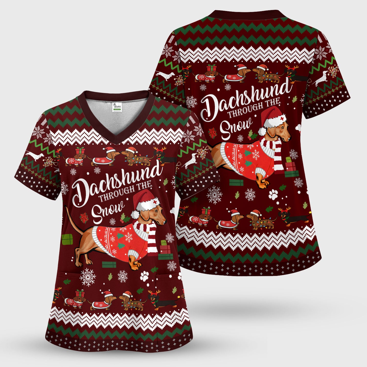 Dachshund Through the Snow - Funny Christmas Scrub Top - Wiener Dog Lover Gift - Holiday Medical Uniform