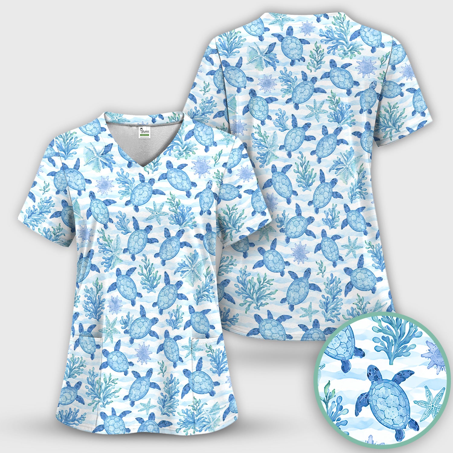 Cute Coastal Sea Turtle Coral Pattern Scrub Top, Comfortable Scrubs for Nurses