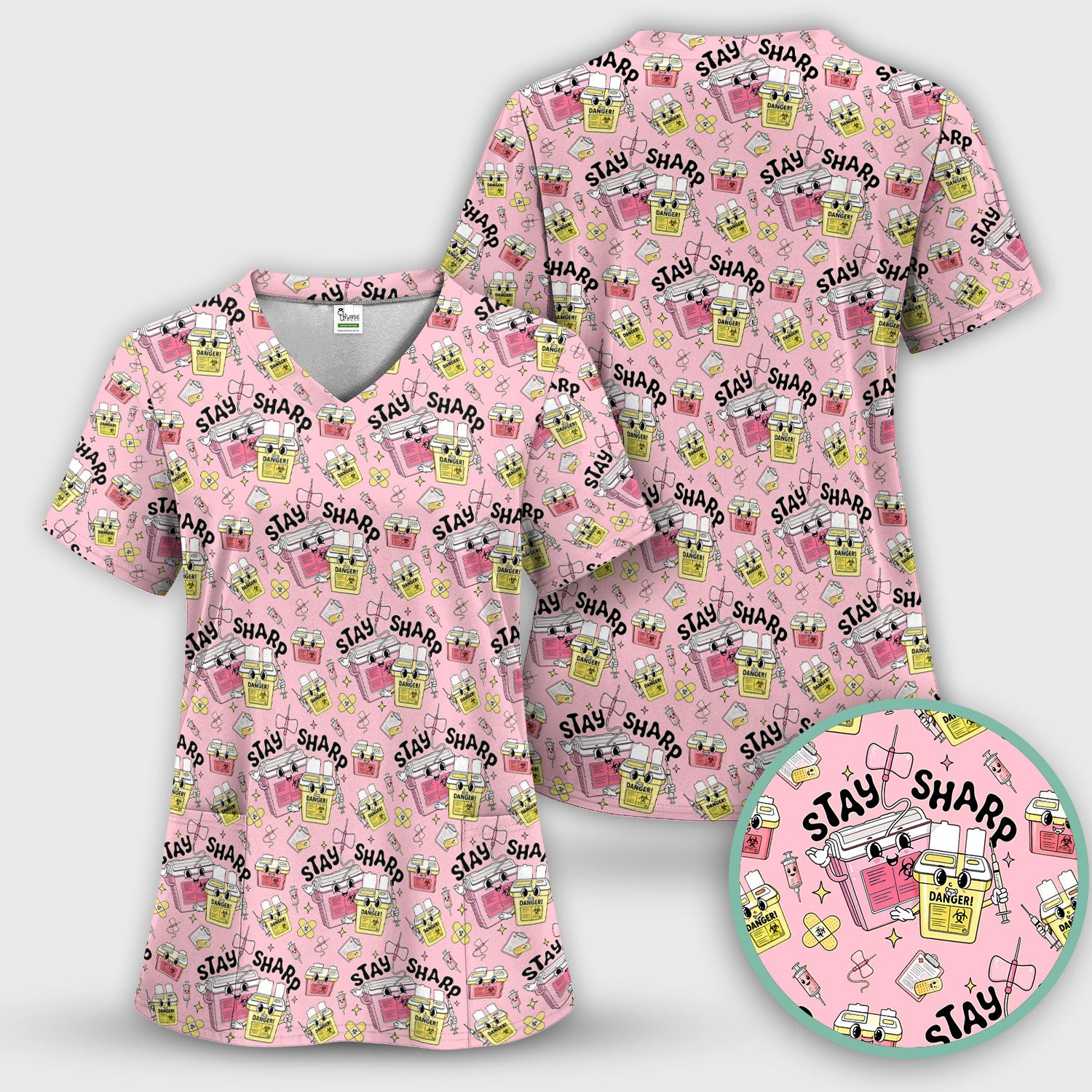 Stay Sharp Nurse Scrub Set, Cute Medical Pattern Scrubs, Breathable Fabrics Nursing Uniform