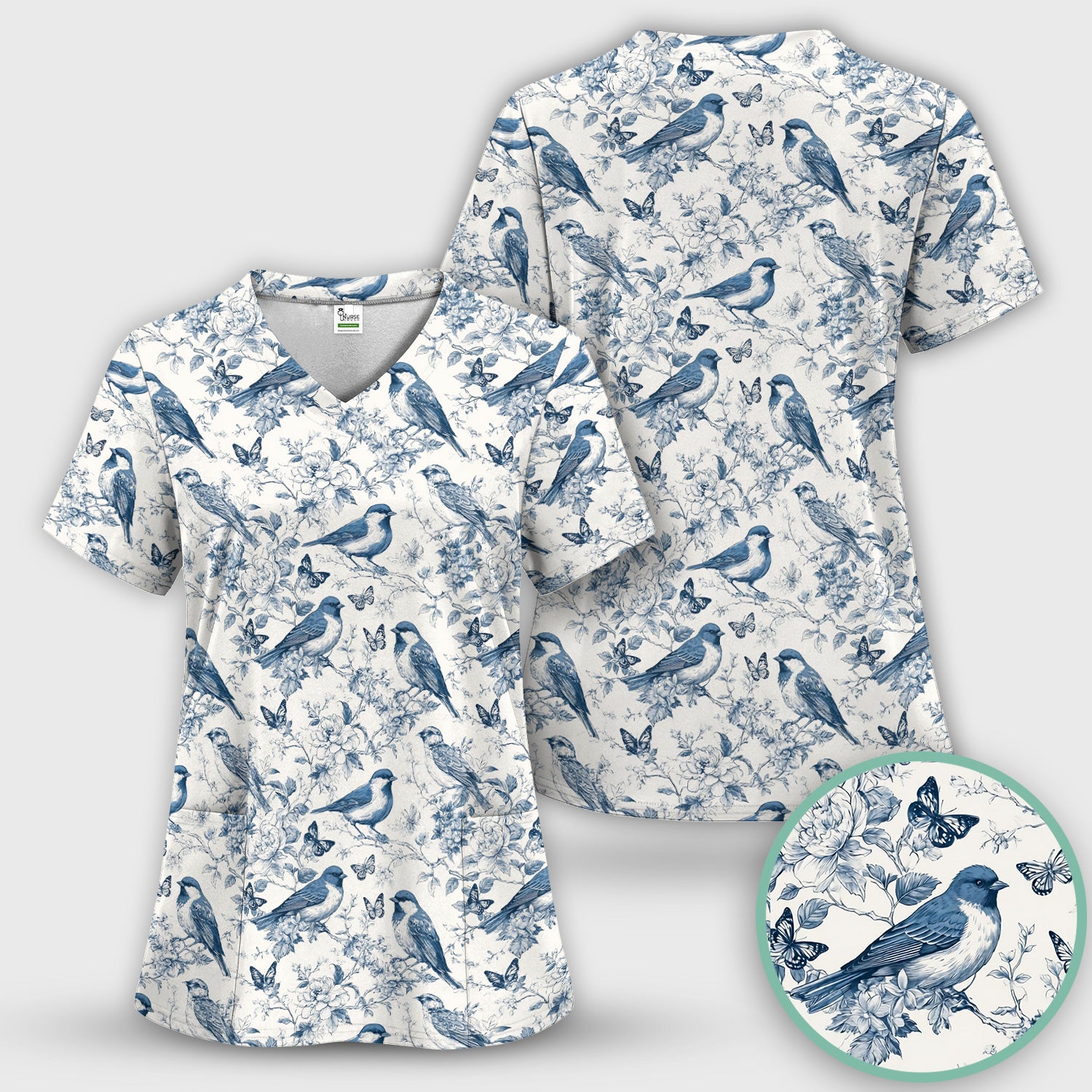 Blue Toile Songbird With Butterfly Print Scrub Top, Comfortable Scrubs for Nurses