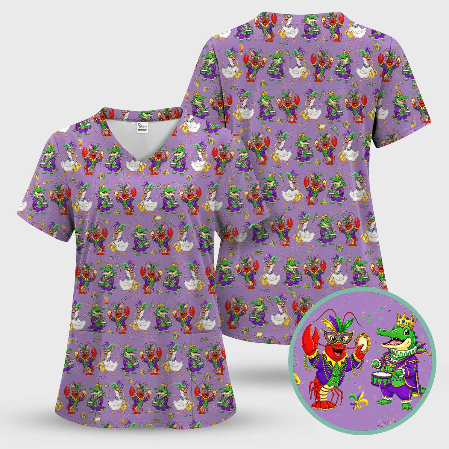 Crawfish And Duck Carnival Scrub Top, Mardi Gras Parade Pattern Nurse Shirt, Breathable Fabrics Nursing Uniform
