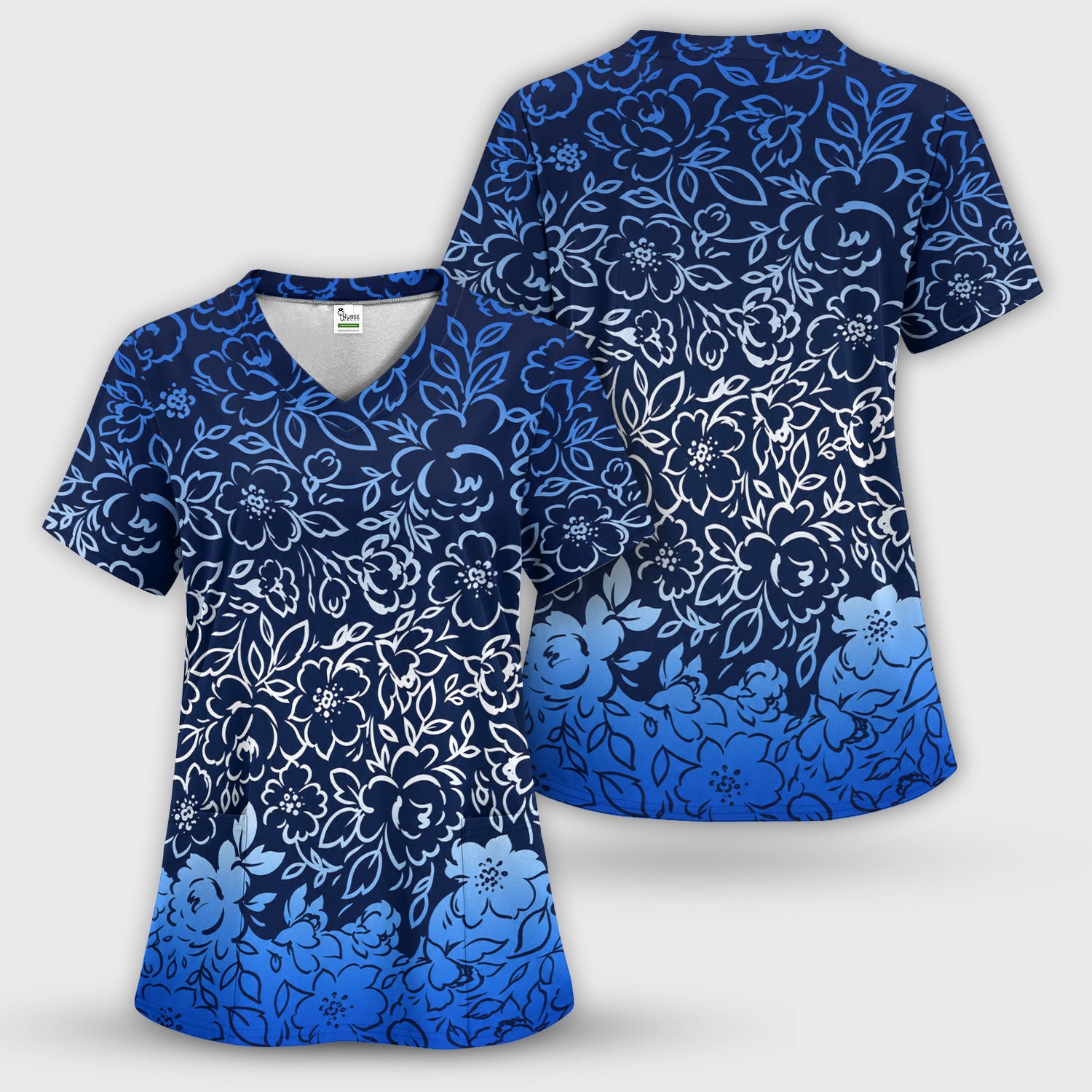 Navy Botanical Flower Print Scrub Top, Comfortable Scrubs for Nurses