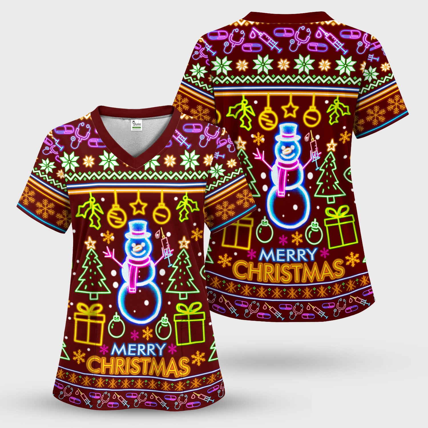 Neon Snowman Christmas Scrub Top for Nurses - Merry Christmas Holiday Lights Pattern - Funny Festive Medical Uniform for RN LPN CNA