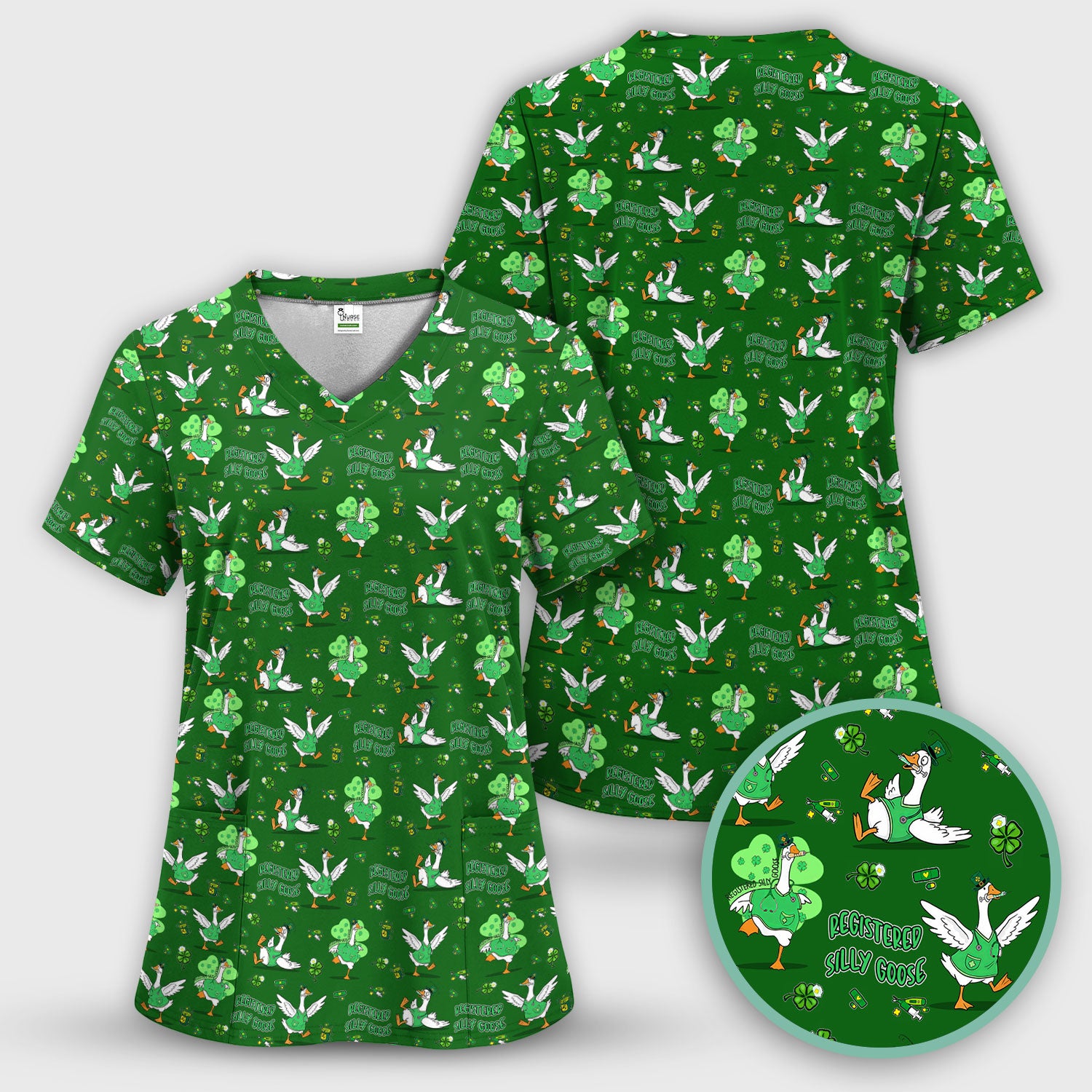 Silly Goose St. Patrick’s Day Scrub Top, Funny Goose Shamrock Pattern Nurse Scrub Shirt, Irish Green Nursing Uniform