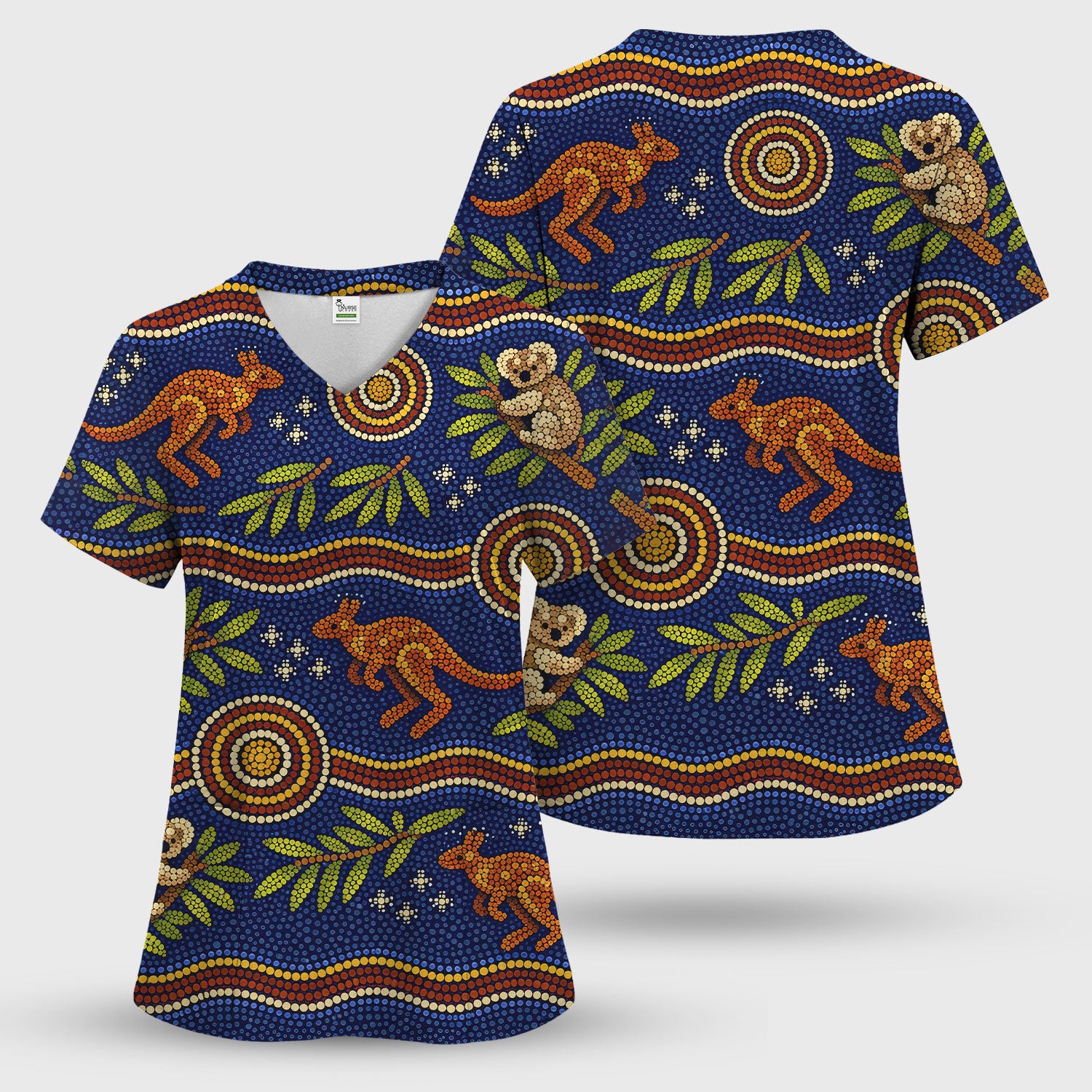 Australian Aboriginal Dot Art Scrub Top, Kangaroo ANd Koala Pattern Nurse Shirt, Breathable Fabrics Nursing Uniform