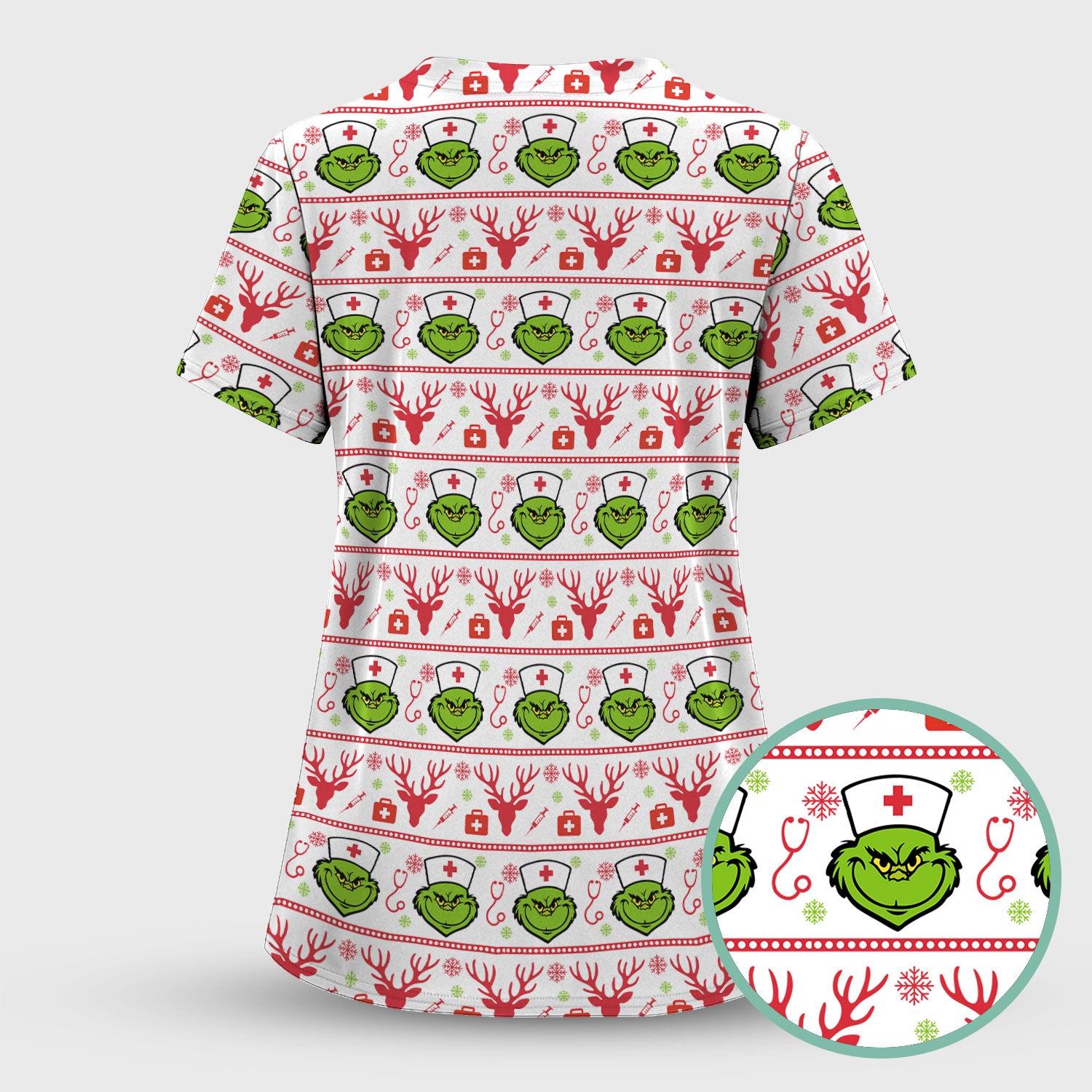 Funny Grinch Nurse Scrubs Top - Ugly Christmas Sweater Style Scrub Shirt - Holiday Nursing Workwear for Women