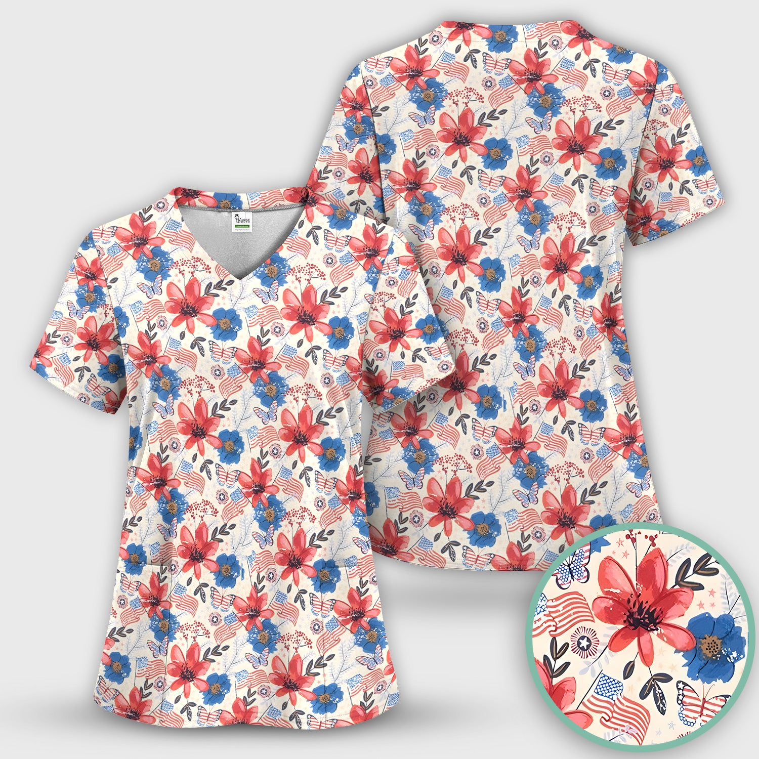 Patriotic Wildflower Flag Butterfly Pattern Scrub Set, Scrub Pants and V Neck Top
