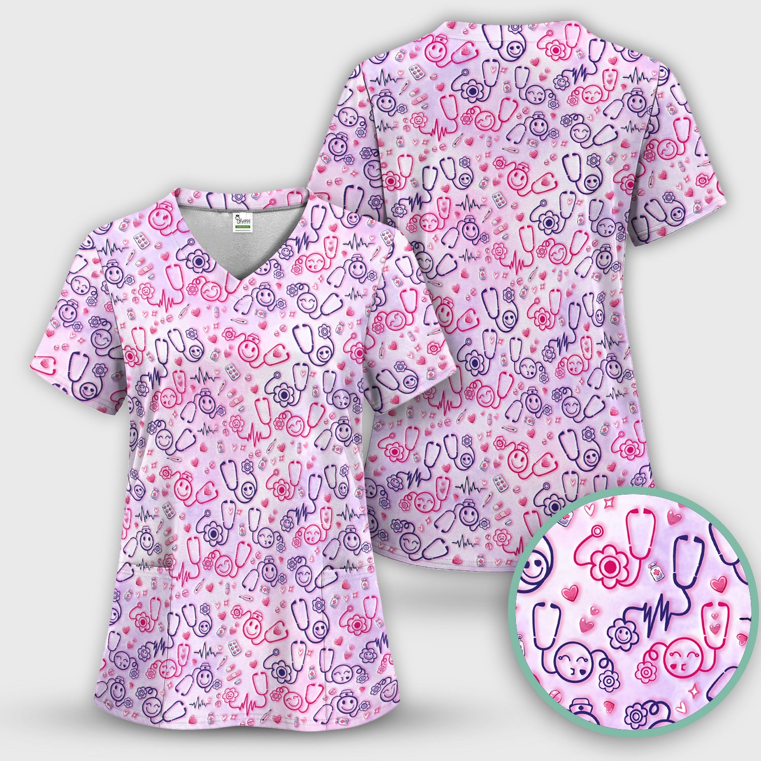Stethoscope Heart Cute Icon Print Scrub Top, Breathable Fabrics Nursing Uniform