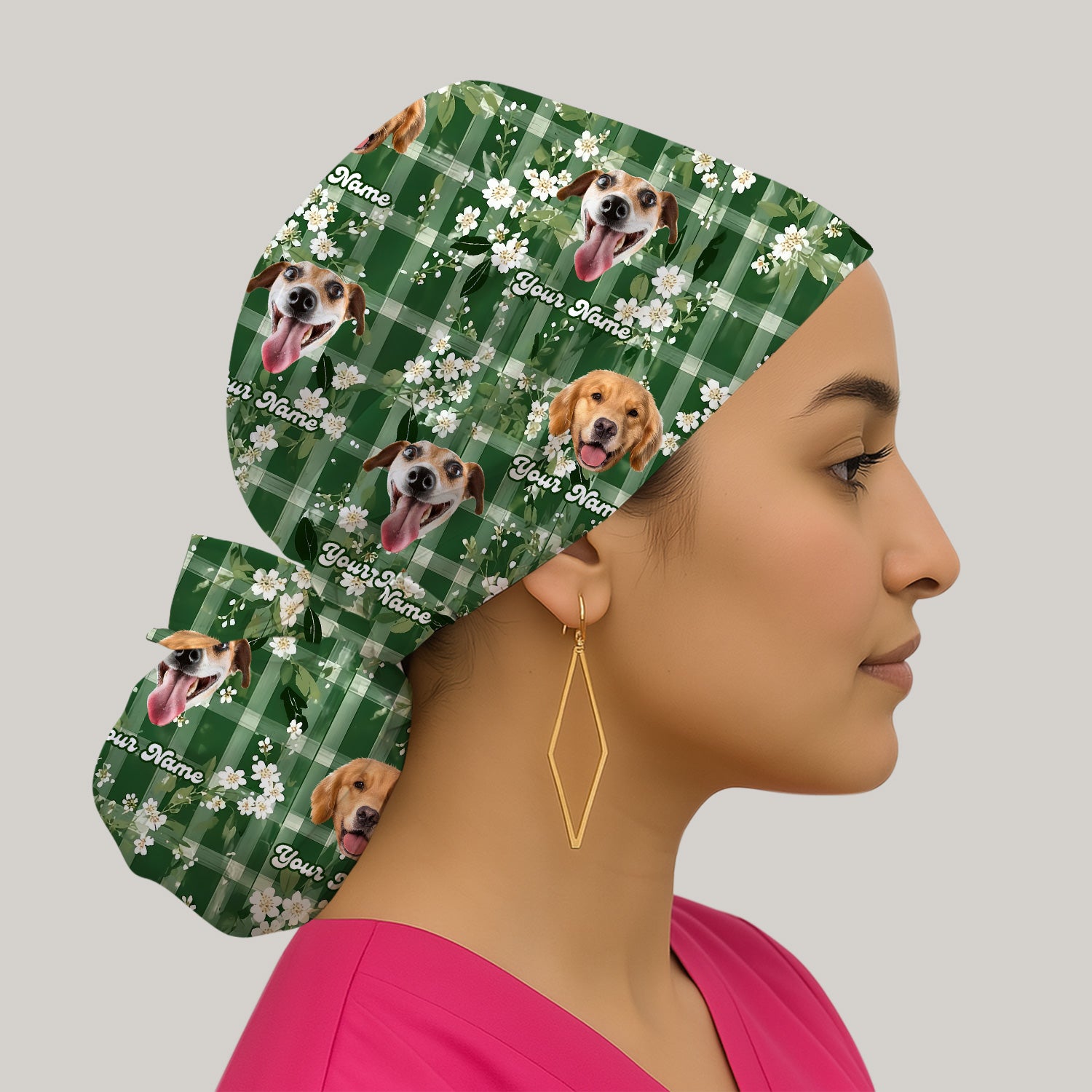 Custom Dog Face Scrub Cap, Dog Green Plaid Floral Pattern, Surgical Caps for Doctors
