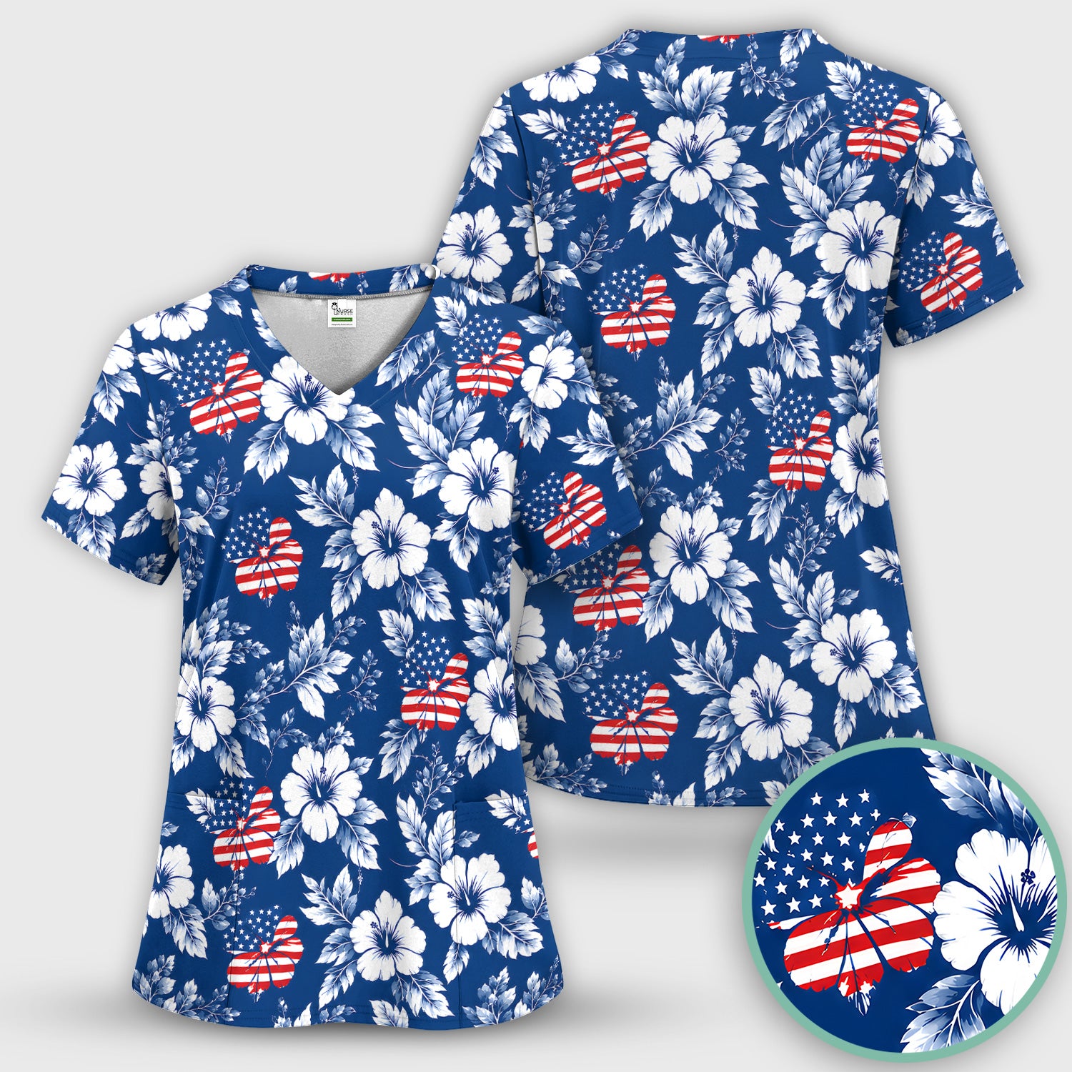 Patriotic Butterfly Floral Nurse for RN & CNA, American Flag Healthcare Workers Uniform Scrub Top, Comfortable Scrubs for Nurses
