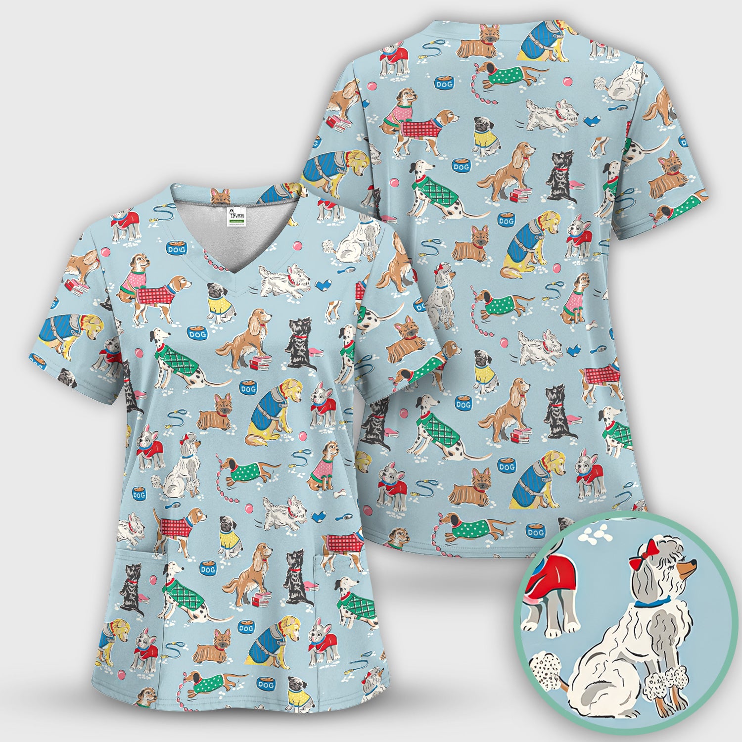 Cute Dog Wearing Sweater Playing Ball Pattern Scrub Set, Scrub Pants and V Neck Top