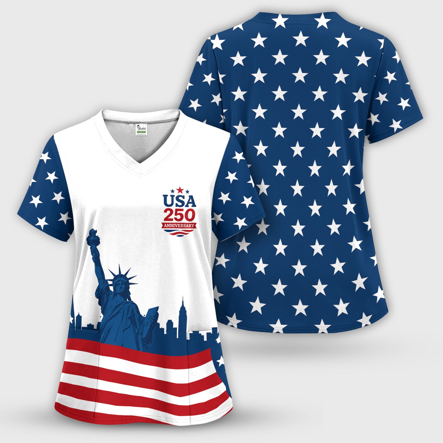 USA 250 Anniversary Patriotic Nurse Scrub Top for RN, CNA, Healthcare Workers Scrub Top, Comfortable Scrubs for Nurses