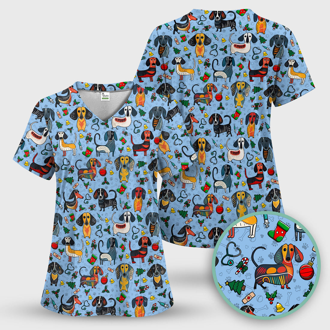 Christmas Wiener Dog Scrub Top - Funny Sausage Dog Nurse Shirt for Women - Holiday Medical Uniform