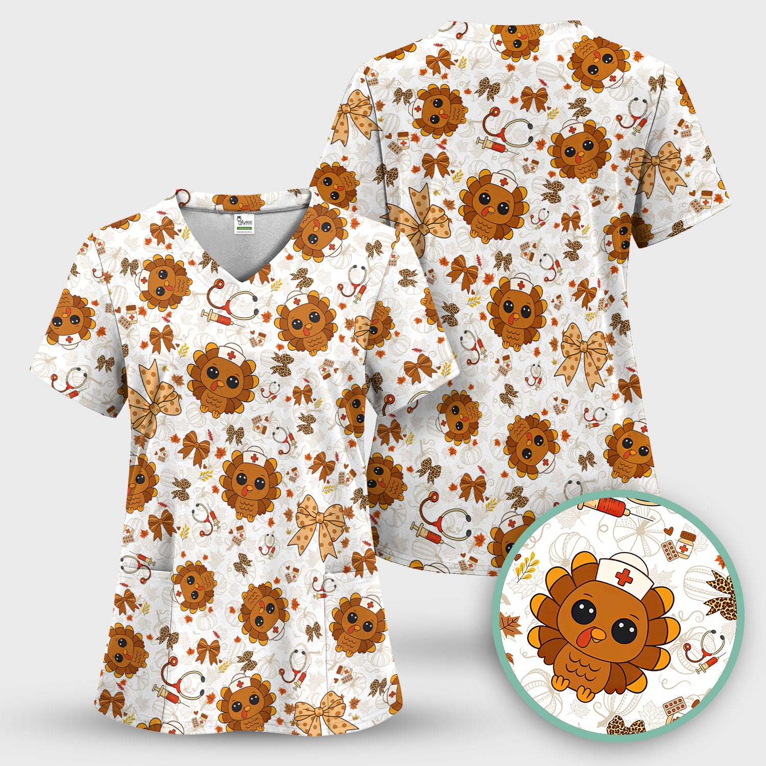 Thanksgiving Turkey Nurse Scrub Top for Women - Cute Fall Leaves and Bow Shirt - Autumn Medical Shirt Gift for RN CNA LPN Doctor