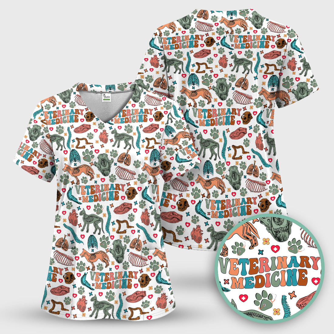 Veterinary Medicine Scrub Top - Cute Animal Anatomy Pattern Medical Shirt - Fun Vet Tech Nurse Scrubs for Women