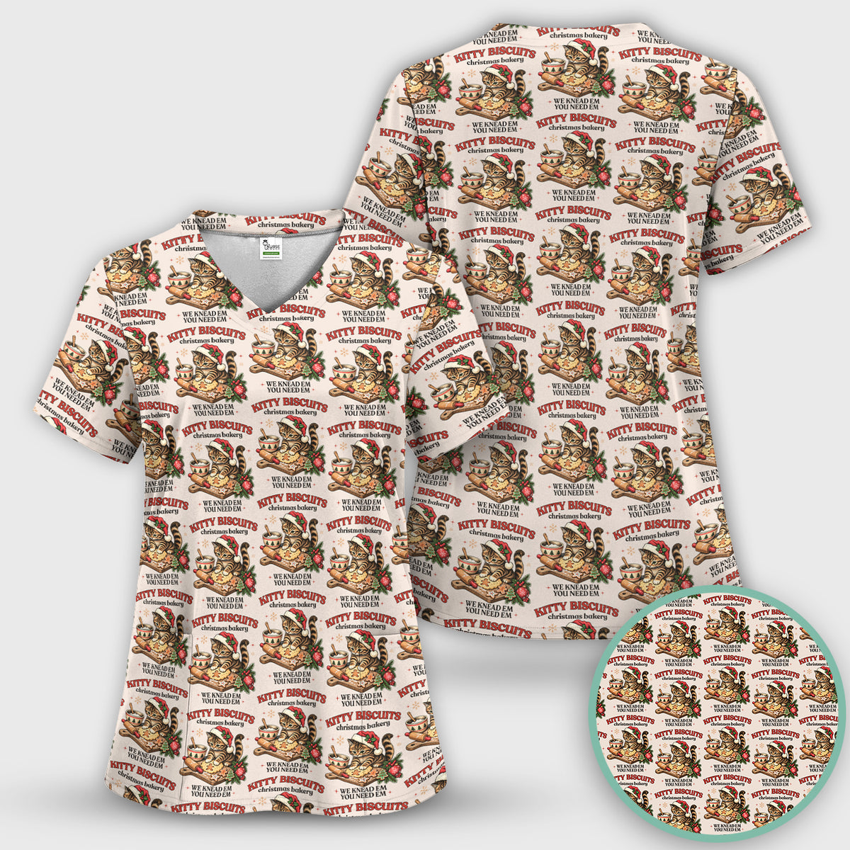 Christmas Santa And Gingerbread Pattern Scrub Top, Comfortable Scrubs for Nurses