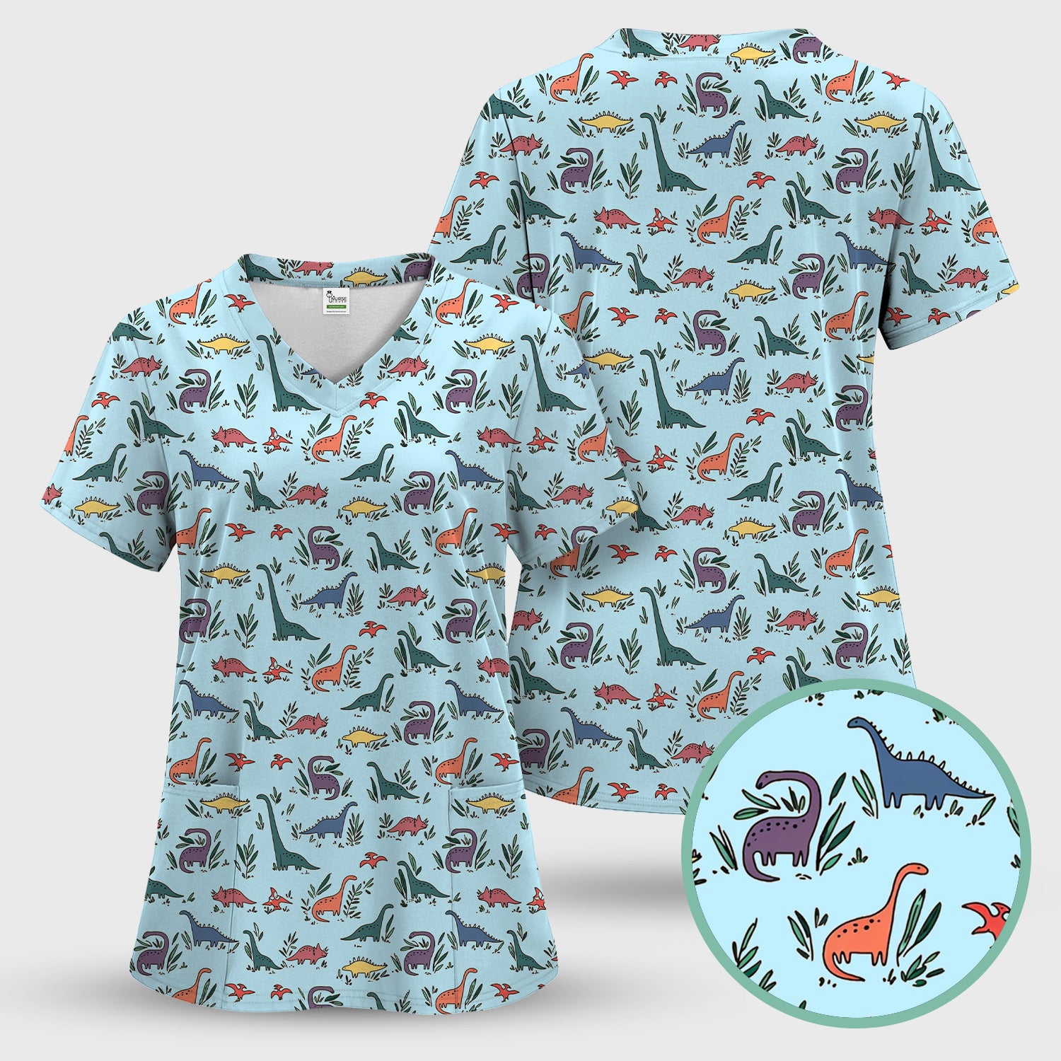 Cute Dinosaur Leafy Garden Pattern Scrub Set, Breathable Fabrics Nursing Uniform