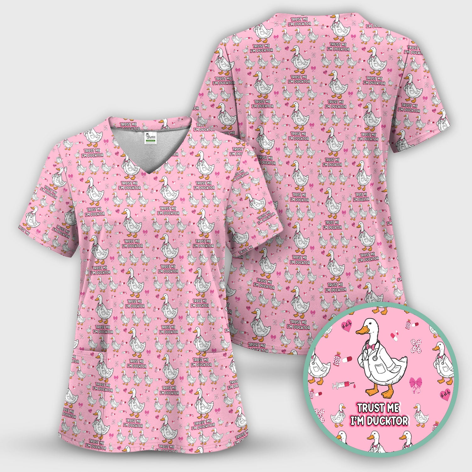 Trust Me I'm Ducktor Scrub Top, Funny Duck Pattern Scrub Shirt, Breathable Fabrics Nursing Uniform For Women