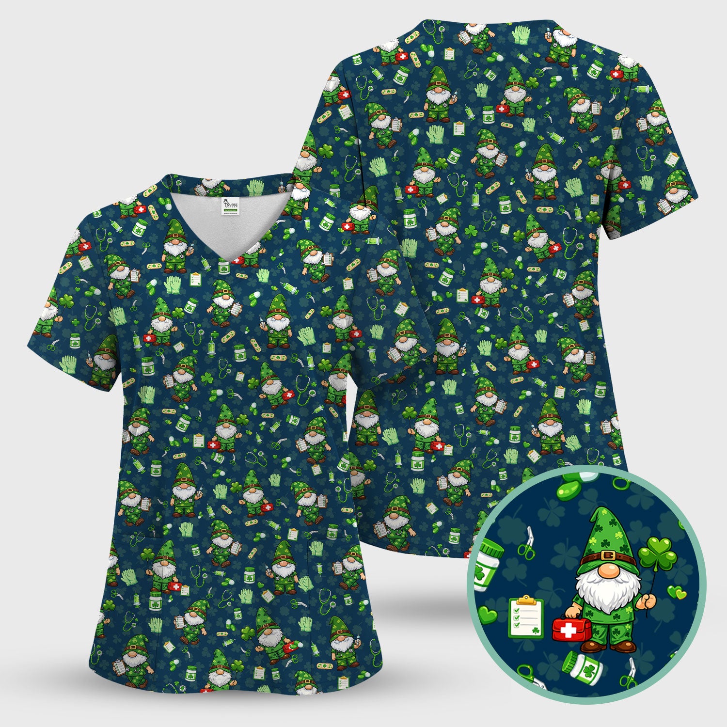 St. Patrick’s Day Nurse Gnome Scrub Top, Green Lucky Medical Pattern Nurse Shirt, Breathable Fabrics Nursing Uniform