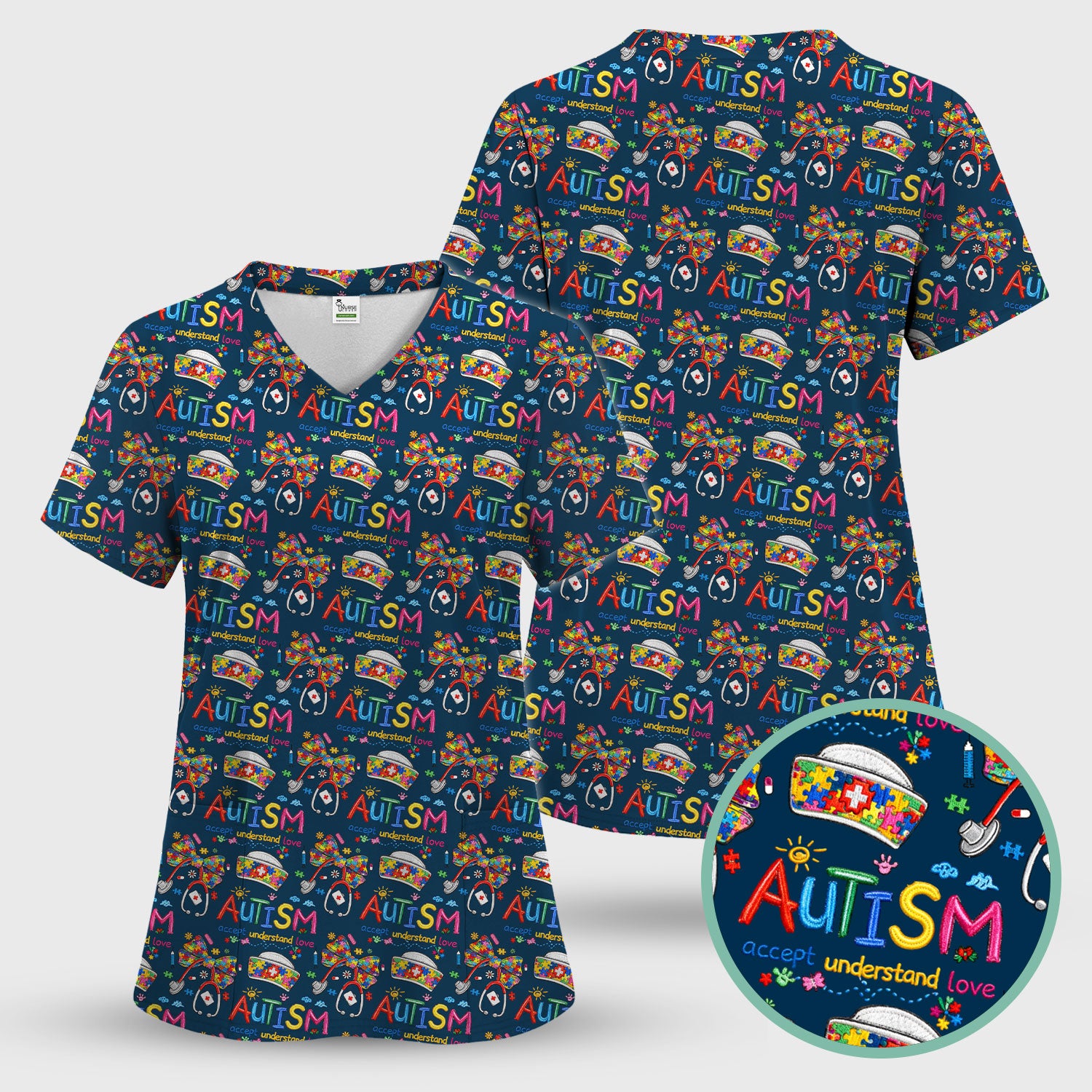 Autism Awareness Pattern Nurse Scrub Top, Accept Understand Love Puzzle Nurses Shirt, Breathable Fabrics Nursing Uniform