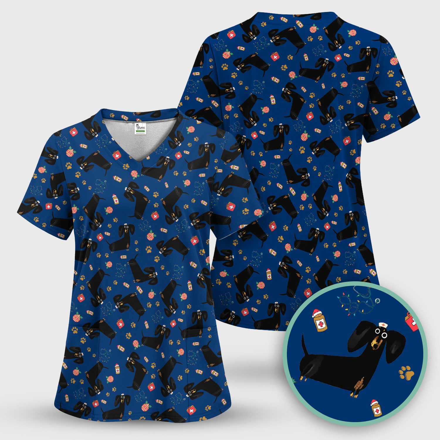 Funny Wiener Dog Scrub Top for Nurses - Cute Black Dachshund Medical Shirt - Dog Lover Nursing Uniform Gift for Women