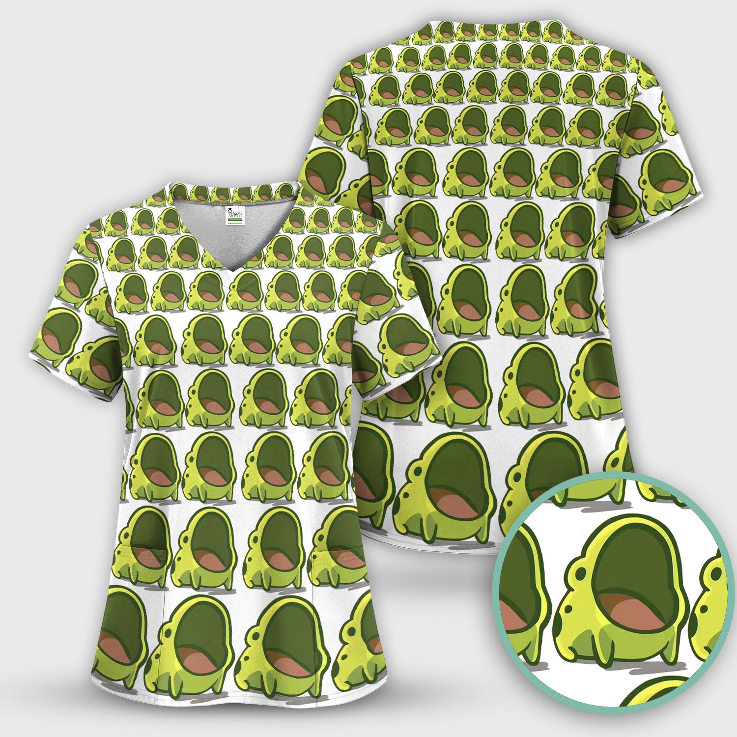 Cute Green Frog Cartoon Pattern Scrub Top, Breathable Fabrics Nursing Uniform