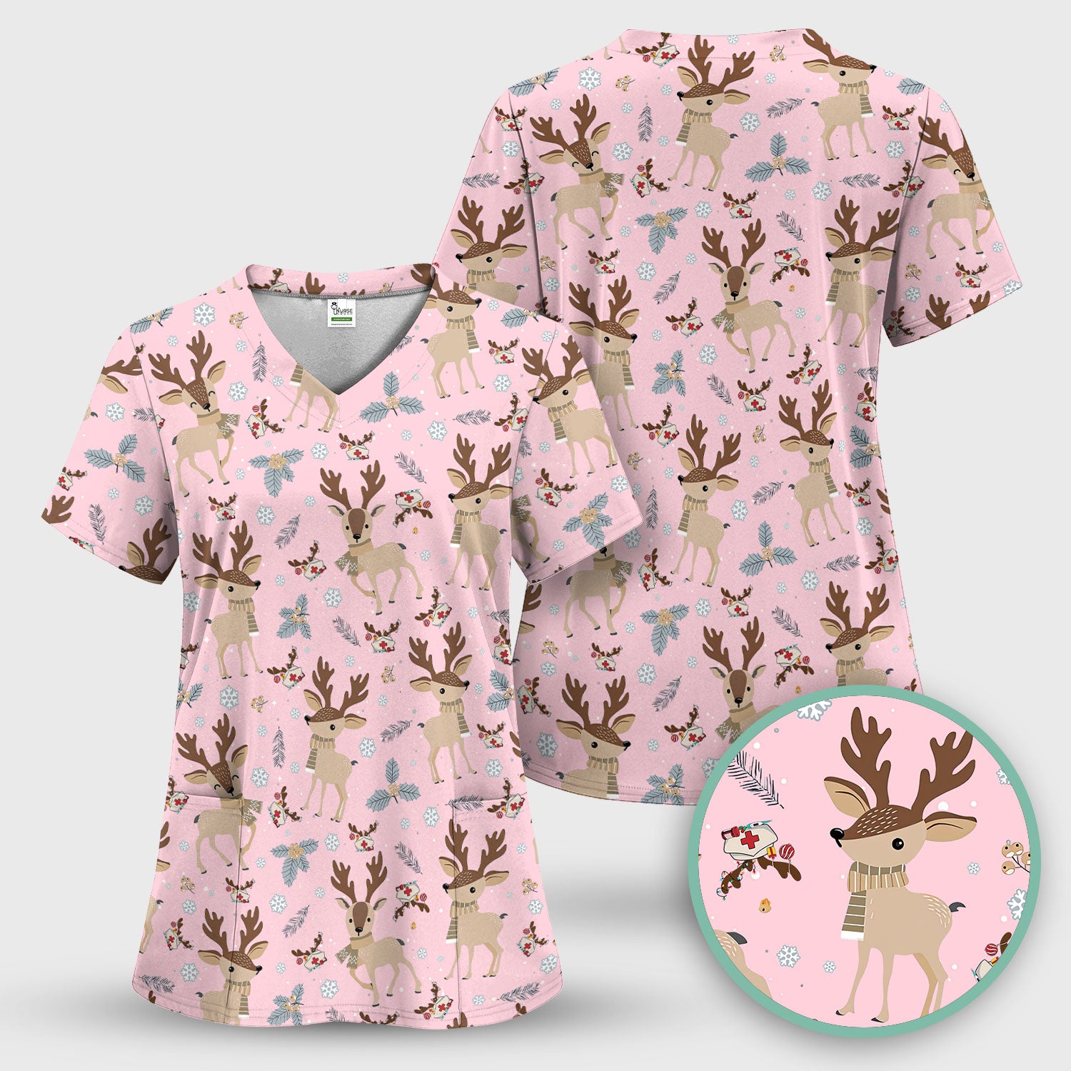 Reindeer Christmas Scrub Top - Cozy Beige Holiday Nurse Shirt with Cute Deer Pattern - Festive Medical Scrubs for Women RN CNA LPN