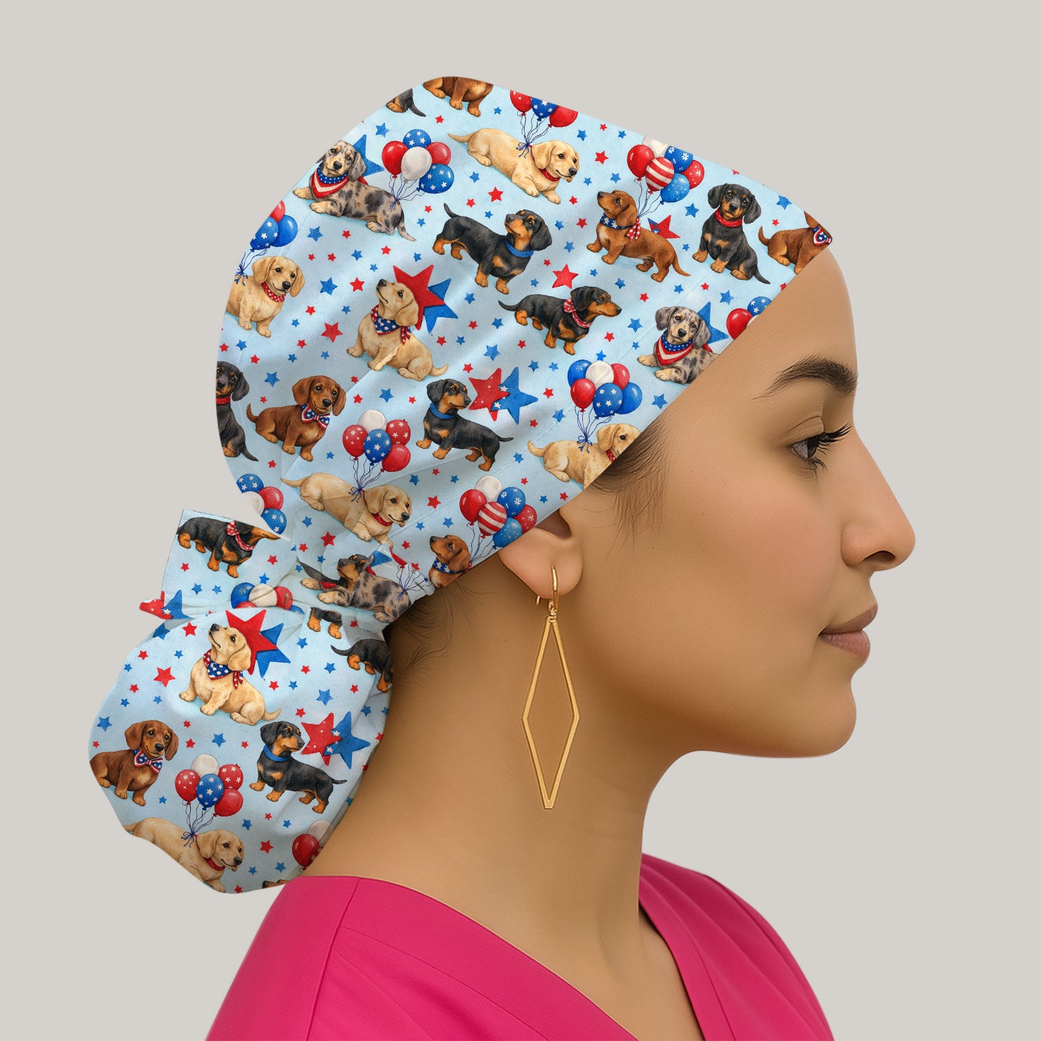 Cute Patriotic Dachshund Balloon Star Pattern Scrub Cap, Breathable Fabrics Caps Uniform