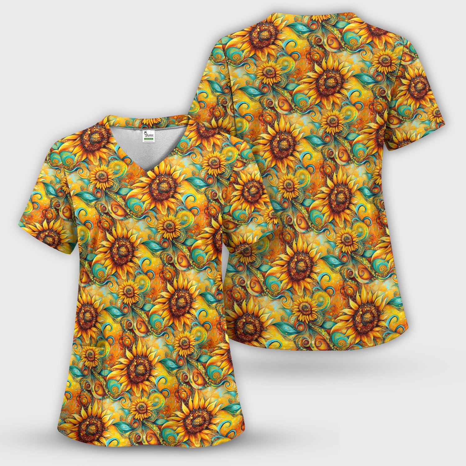 Sunflower Swirl Floral Pattern Scrub Set, Scrub Pants and V Neck Top