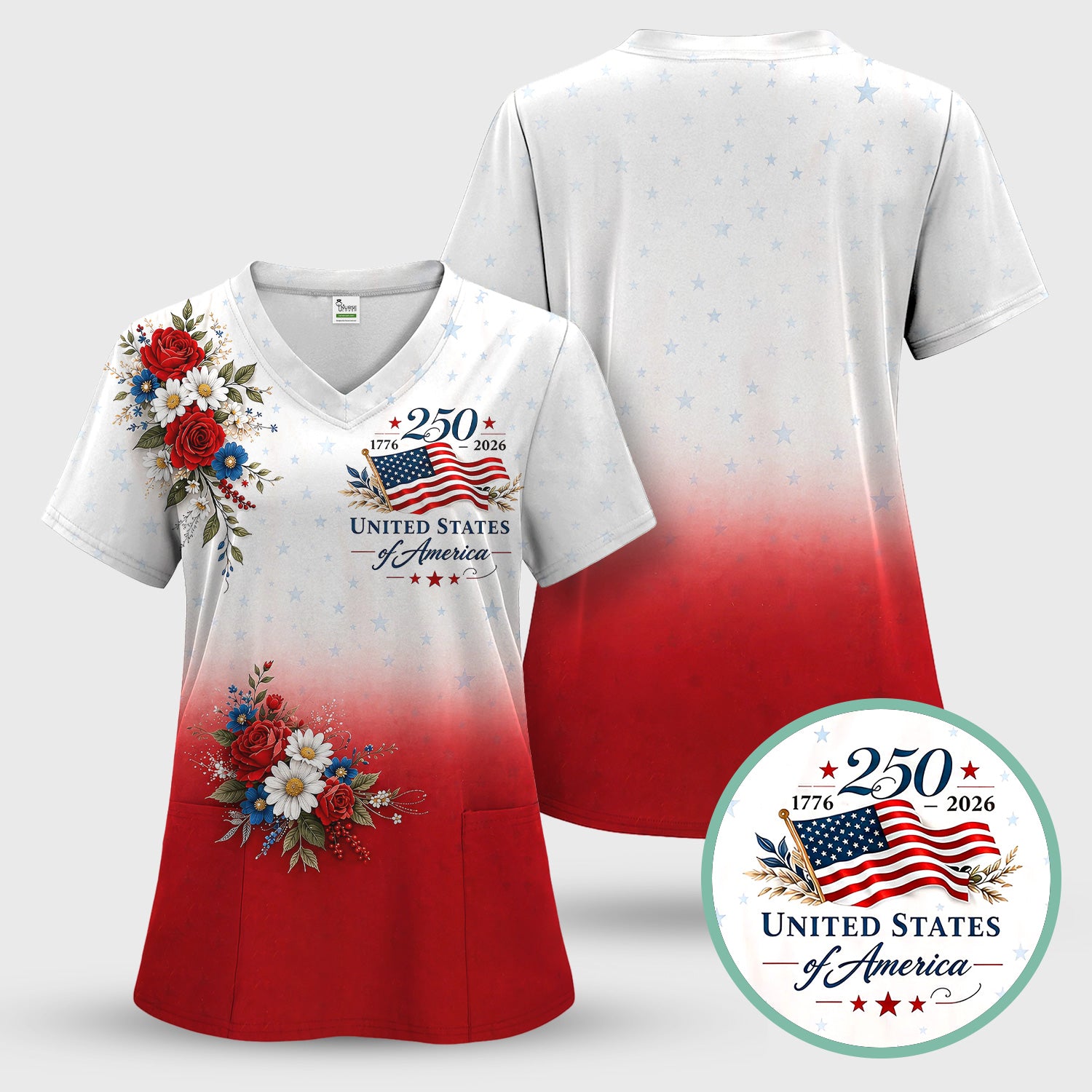 Patriotic 250th Flag Floral Pattern Scrub Set, Scrub Pants and V Neck Top
