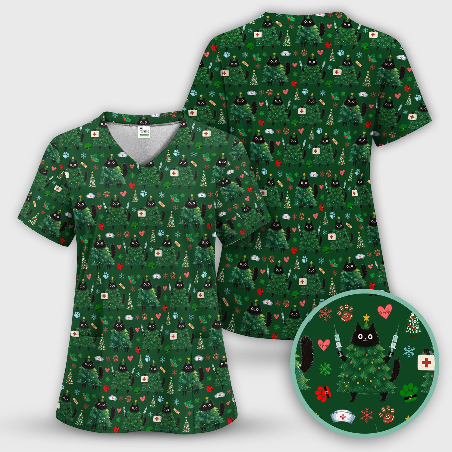Christmas Nurse Scrub Top, Xmas Black Cat Pattern Nurse Shirt,  Breathable Fabrics Nursing Uniform