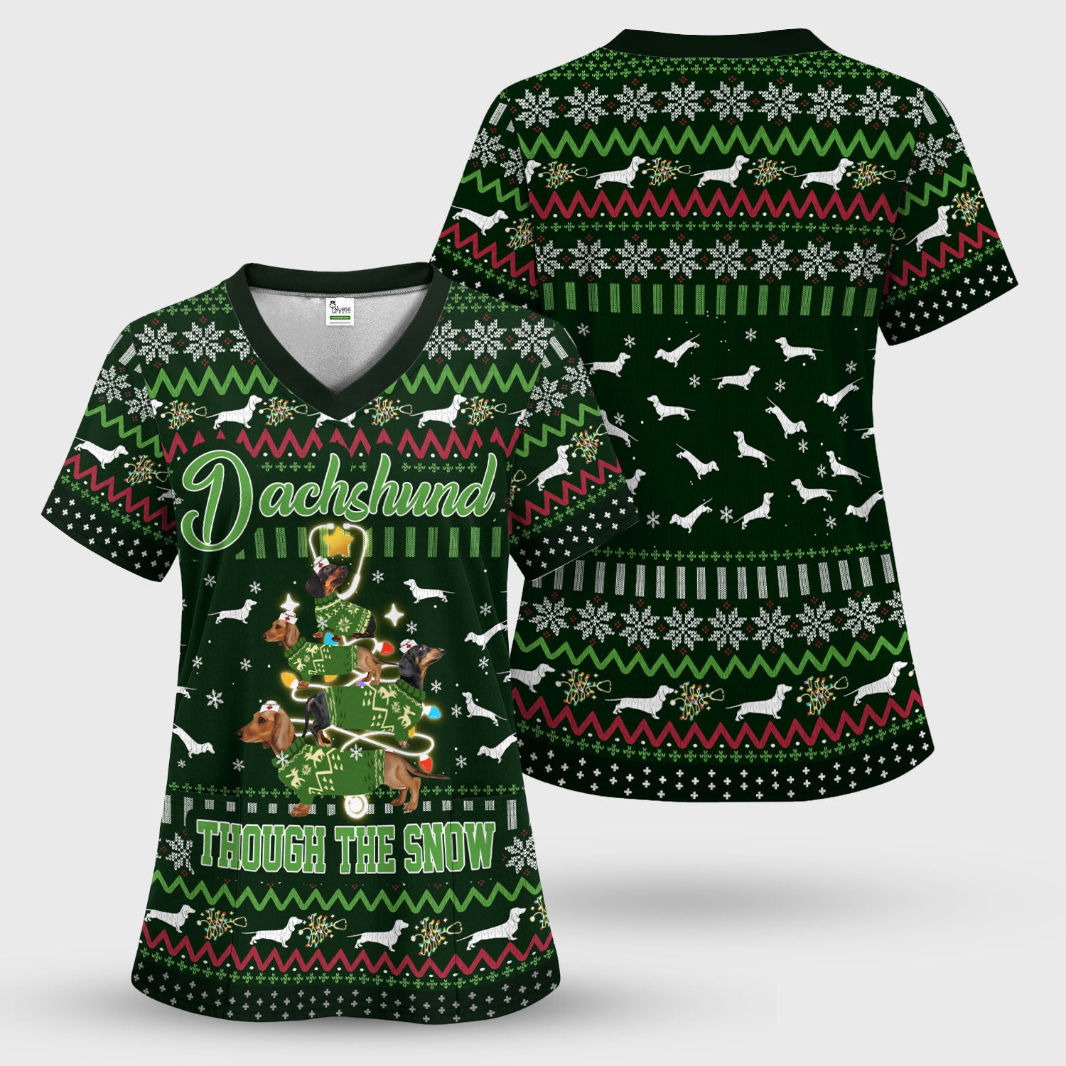 Dachshund Through The Snow Christmas Scrub Top - Funny Sausage Dog Xmas Tree Nurse Shirt - Cute Holiday Medical Uniform