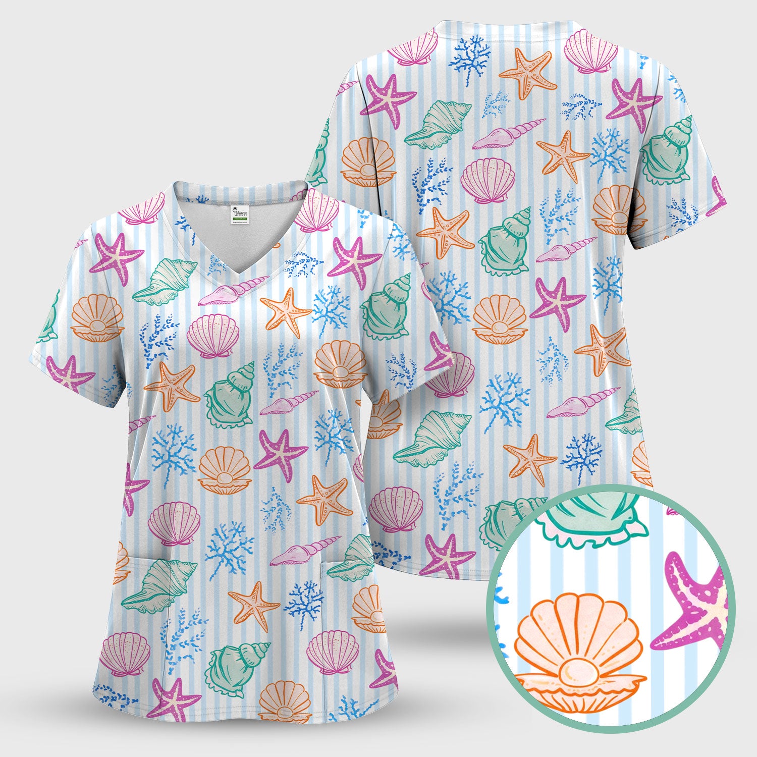 Colorful Seashell Starfish Ocean Stripe Pattern Scrub Top, Breathable Fabrics Nursing Uniform