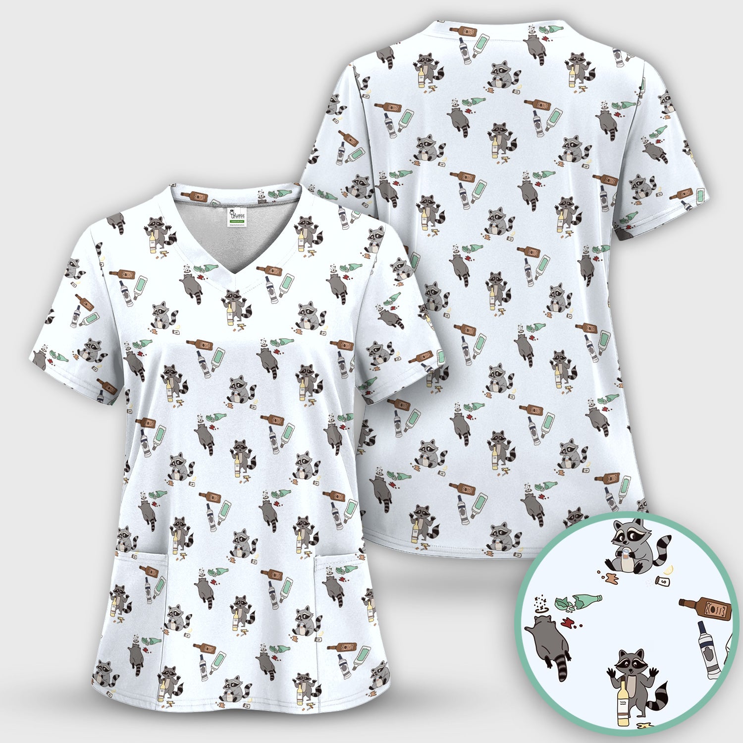 Messy Drunk Raccoon Pattern Scrub Top, Comfortable Scrubs for Nurses