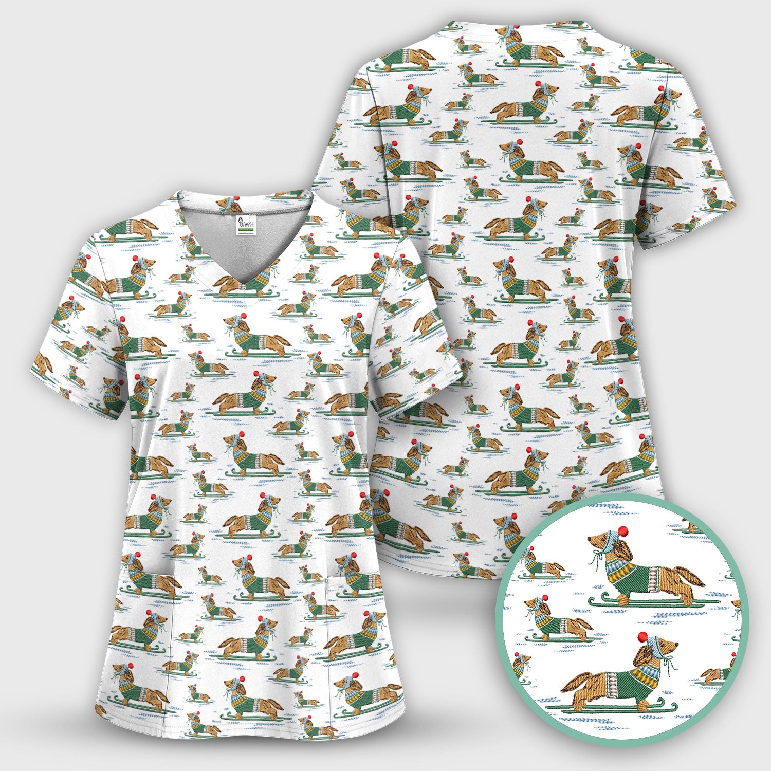 Dachshund Nurse Scrub Top, Wiener Dog Winter Pattern Shirt, Breathable Fabrics Nursing Uniform