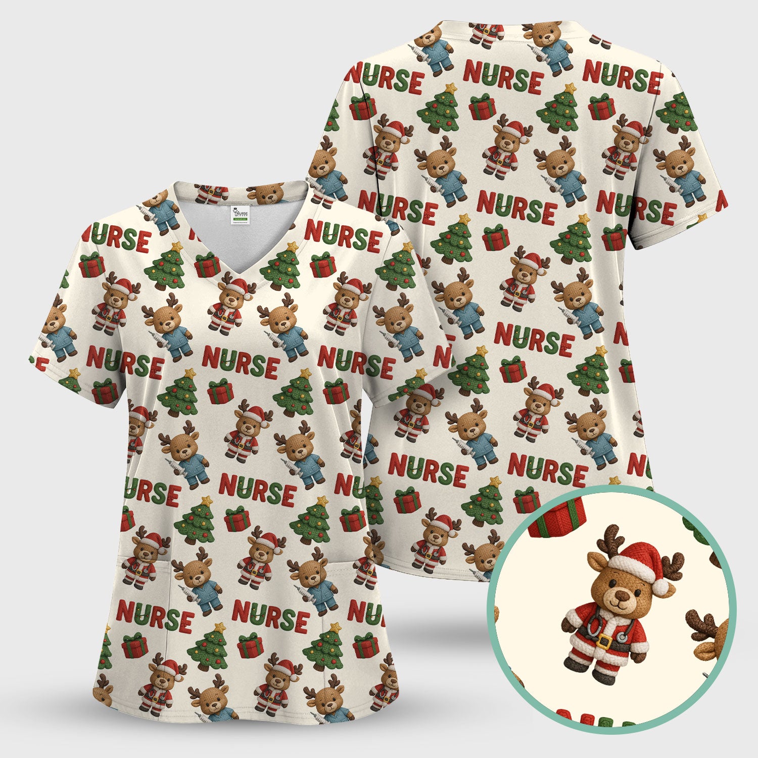 Reindeer Christmas Scrub Top, Cute Holiday Nurse Scrub Shirt, Festive Pattern Nursing Uniform