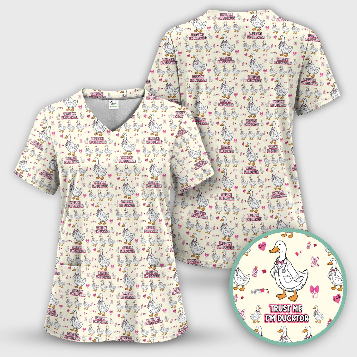 Trust Me I'm Ducktor Scrub Top, Funny Duck Pattern Scrub Shirt, Breathable Fabrics Nursing Uniform For Women