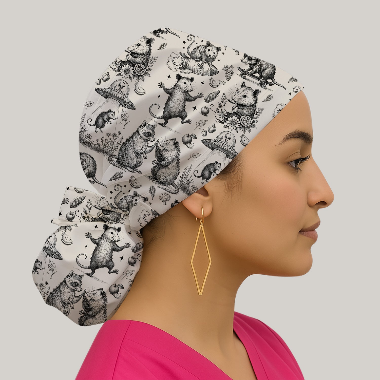 Funny Nurse Vintage Possum Raccoon High Five UFO Pattern Scrub Cap, Surgical Caps for Doctors