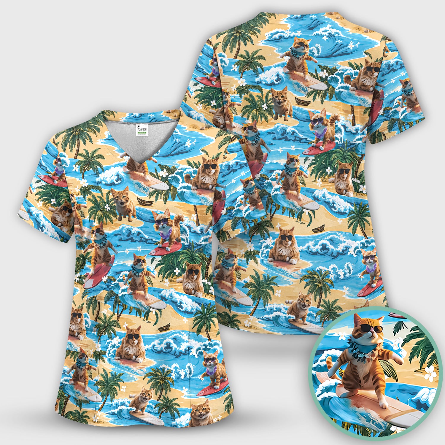 Tropical Surfing Cat with Beach Wave Island Print Scrub Top, Comfortable Scrubs for Nurses
