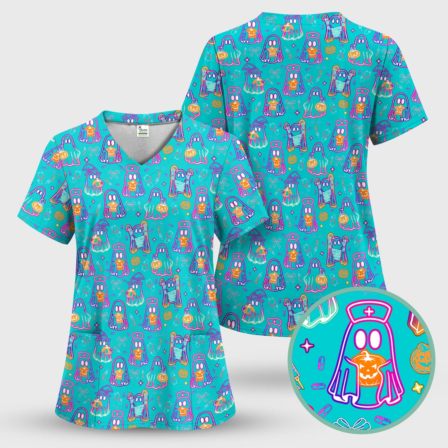 Halloween Nurse Scrub Top for Women - Cute Neon Ghost Medical Uniform - Funny Spooky Nursing Shirt RN CNA LPN Gift