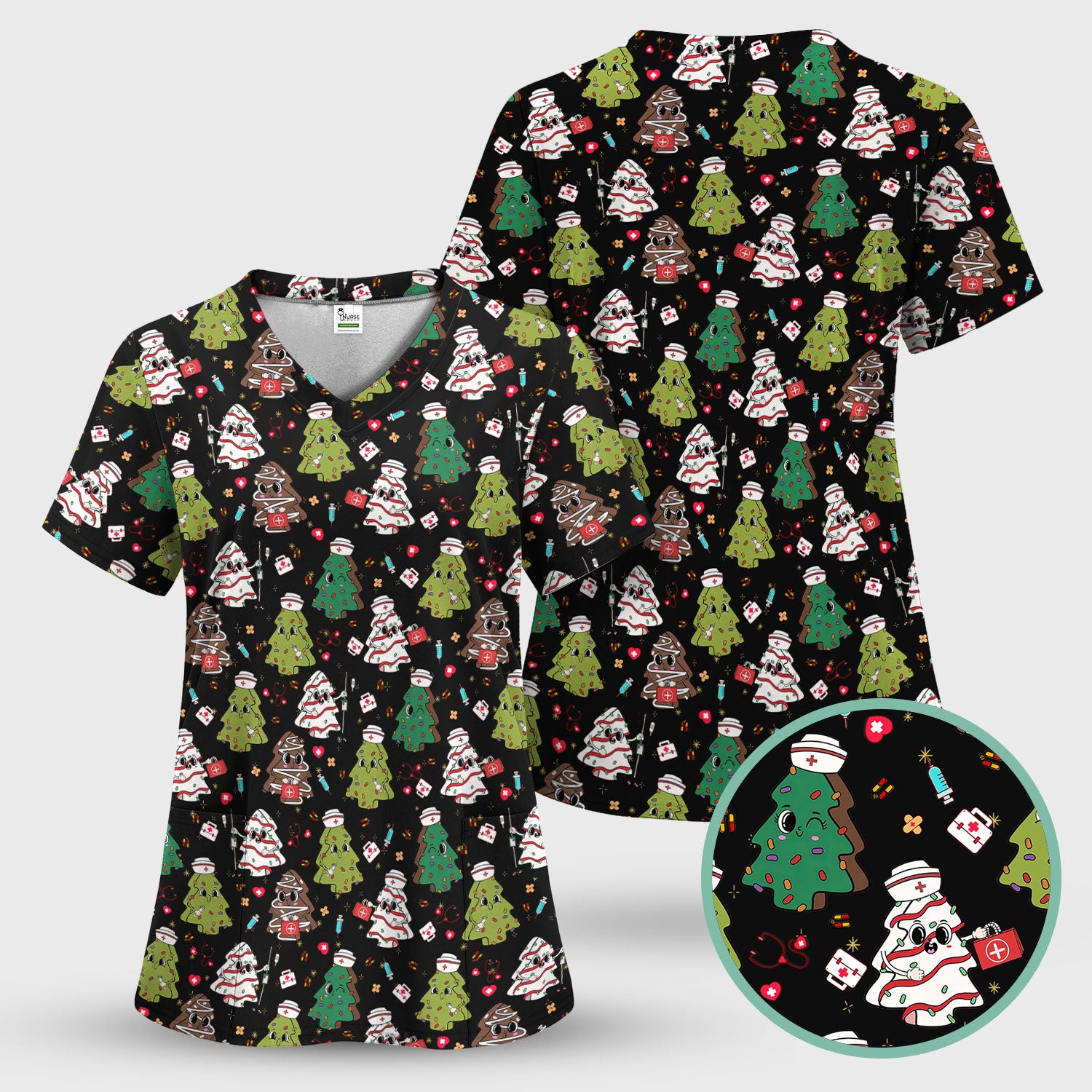 Christmas Nursing Scrub Top for Women - Festive Tree Medical Shirt - Cute Holiday RN CNA LPN Gift
